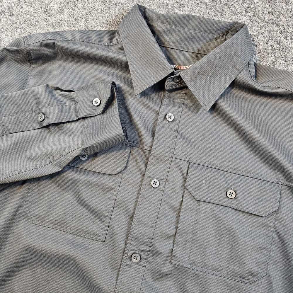 Swiss Tech Men's Large Stretch Button‎ Up Shirt Black Micro Check Performance